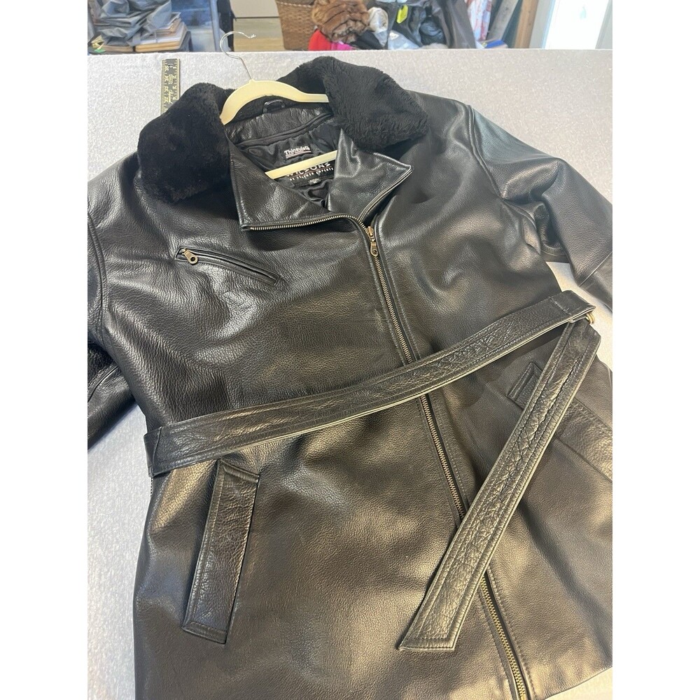 Wilson’s Asymmetrical Leather Coat Men’s XL Fur Collar Black Belt Y2K Vintage